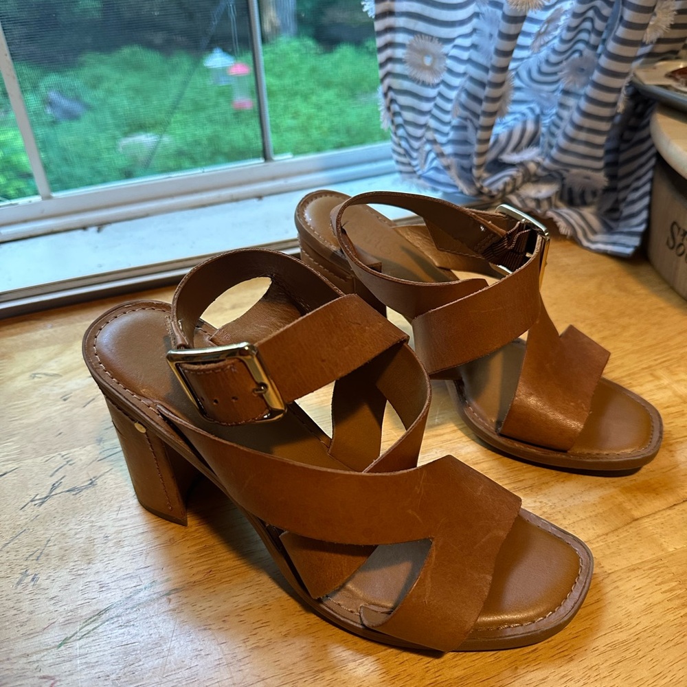 Franco Sarto Tan Leather Block Heel Sandals with Buckle Strap